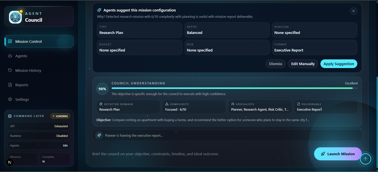 Agent Council suggested mission configuration and mission understanding interface